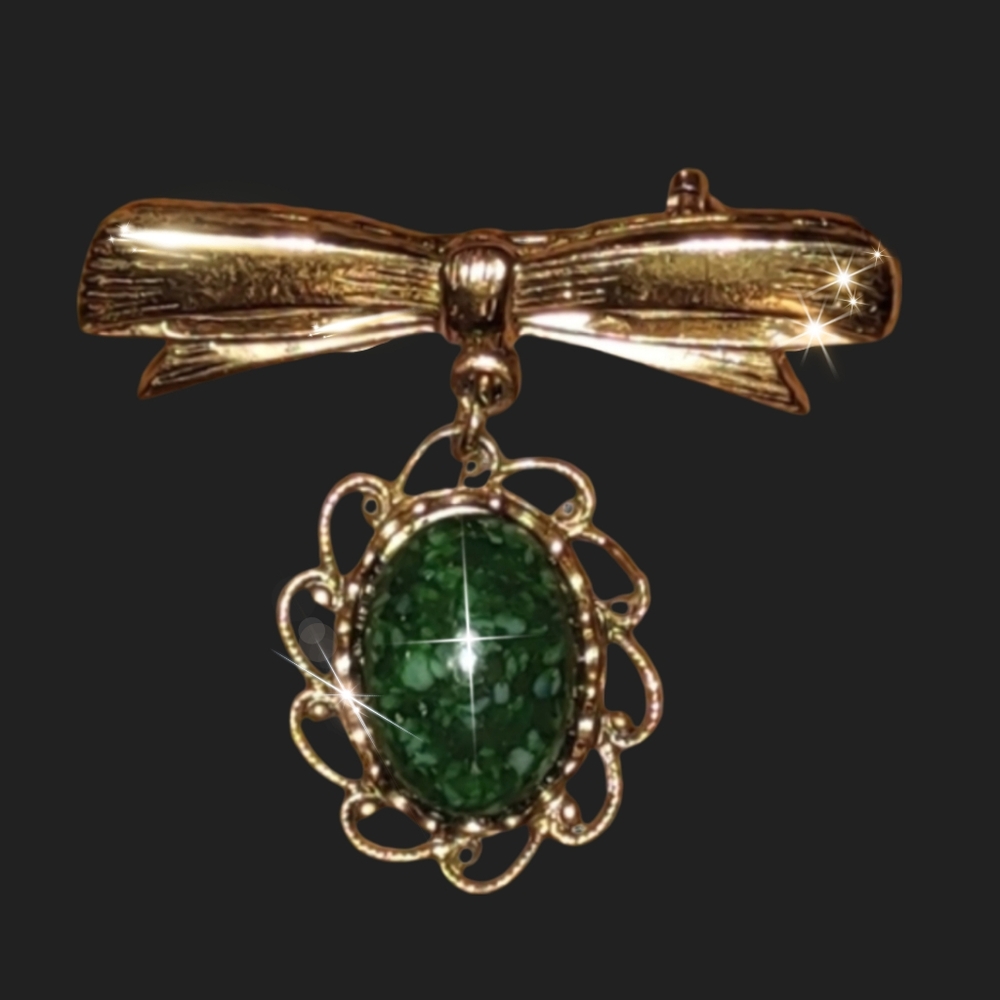 Antique Gold Bow Brooch w/ Dangling Jade Green